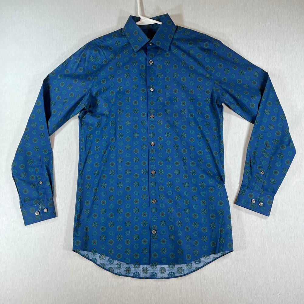 J Ferrar JF Slim Fit Stretch Shirt Mens Small Blue Geometric Medallion Print LS